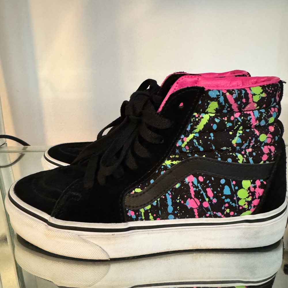Like-new Vans Sk8-Hi Reissue Black Suede Neon Paint Splatter Sneakers Size 6